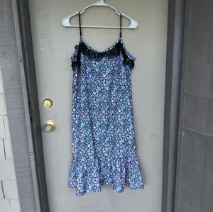 Maje Floral Sleeveless Slip Dress Blue with Lace Trim and Ruffle Bottom